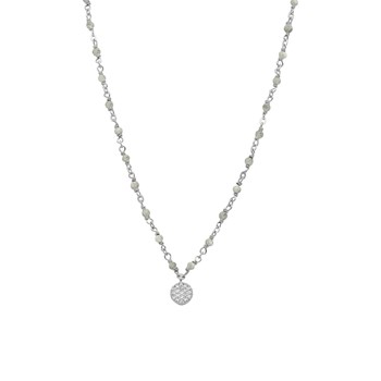 Collier Argent Rhodié Médaillon Serti Blanc Et Pierres Labradorite