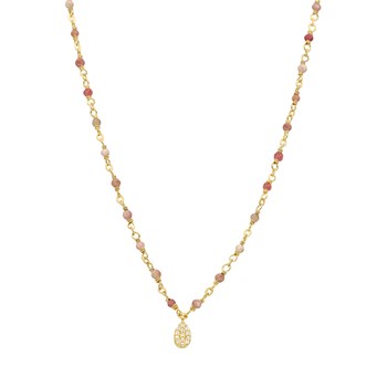 Collier Argent Doré Goutte Diamanté Pierres Naturelles Quartz Rose Fraise
