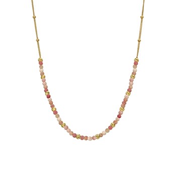 Collier Argent Doré Perles Dorée Et Pierres Quartz Rose Fraise