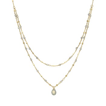 Collier Argent Doré Double Chaine Goutte Pierres Naturelles Labradorite