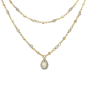 Collier Argent Doré Double Chaine Goutte Pierres Naturelles Labradorite
