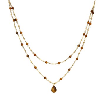 Silver Necklace Double Chaine Goutte Natural Stones Tiger Eye