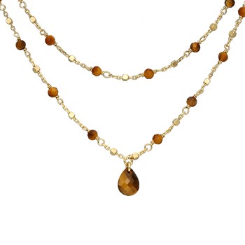 Silver Necklace Double Chaine Goutte Natural Stones Tiger Eye