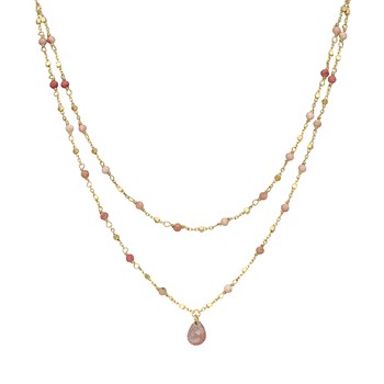Collier Argent Doré Double Chaine Goutte Pierres Naturelles Quartz Rose Fraise