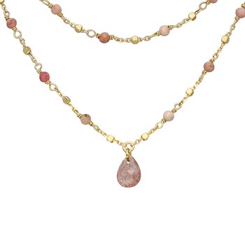 Collier Argent Doré Double Chaine Goutte Pierres Naturelles Quartz Rose Fraise