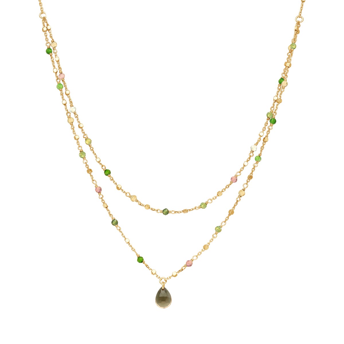 Collier Argent Doré Double Chaine Goutte Pierres Naturelles Tourmaline
