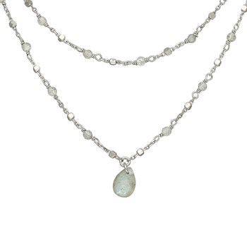 Collier Argent Rhodié Double Chaine Goutte Pierres Naturelles Labradorite