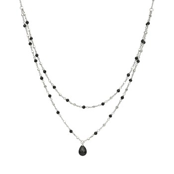Rhodium Silver Necklace Double Chain Drop Natural Stones Spinelle Black