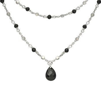 Rhodium Silver Necklace Double Chain Drop Natural Stones Spinelle Black