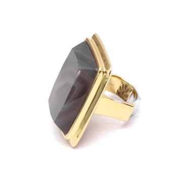 Bague à Volume Rectangle En Argent Doré Et Pierre Naturelle Agate Grise
