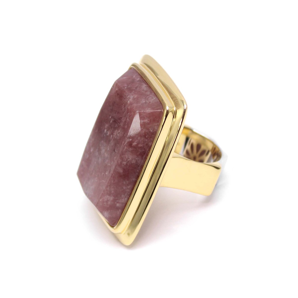 Bague à Volume Rectangle En Argent Doré Et Pierre Naturelle Quartz Fraise - vue 3