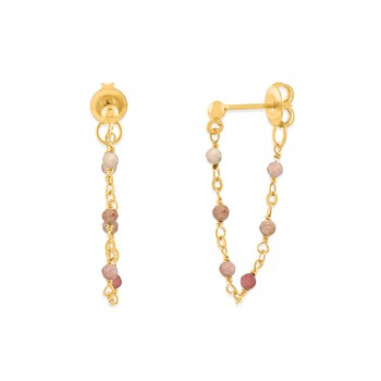Boucles D'oreilles Argent Dorée Chaine Et Pierres Naturelles Quartz Rose Fraise