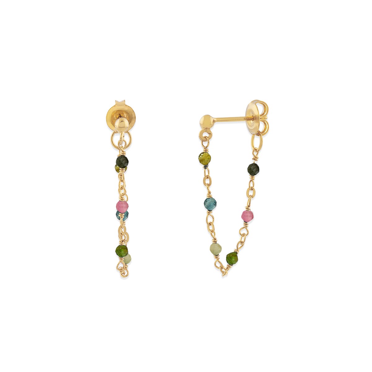Boucles D'oreilles Argent Dorée Chaine Et Pierres Naturelles Tourmaline