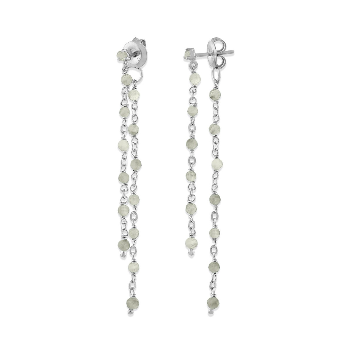 Boucles D Oreilles Argent Rhodié Double Chaine Longue Et Pierres Naturelles Labradorite
