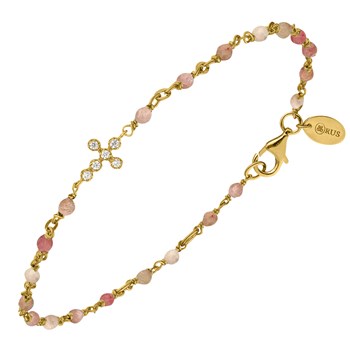 Bracelet Argent Doré Croix Zirconium Blanc Et Pierres Quartz Rose Fraise