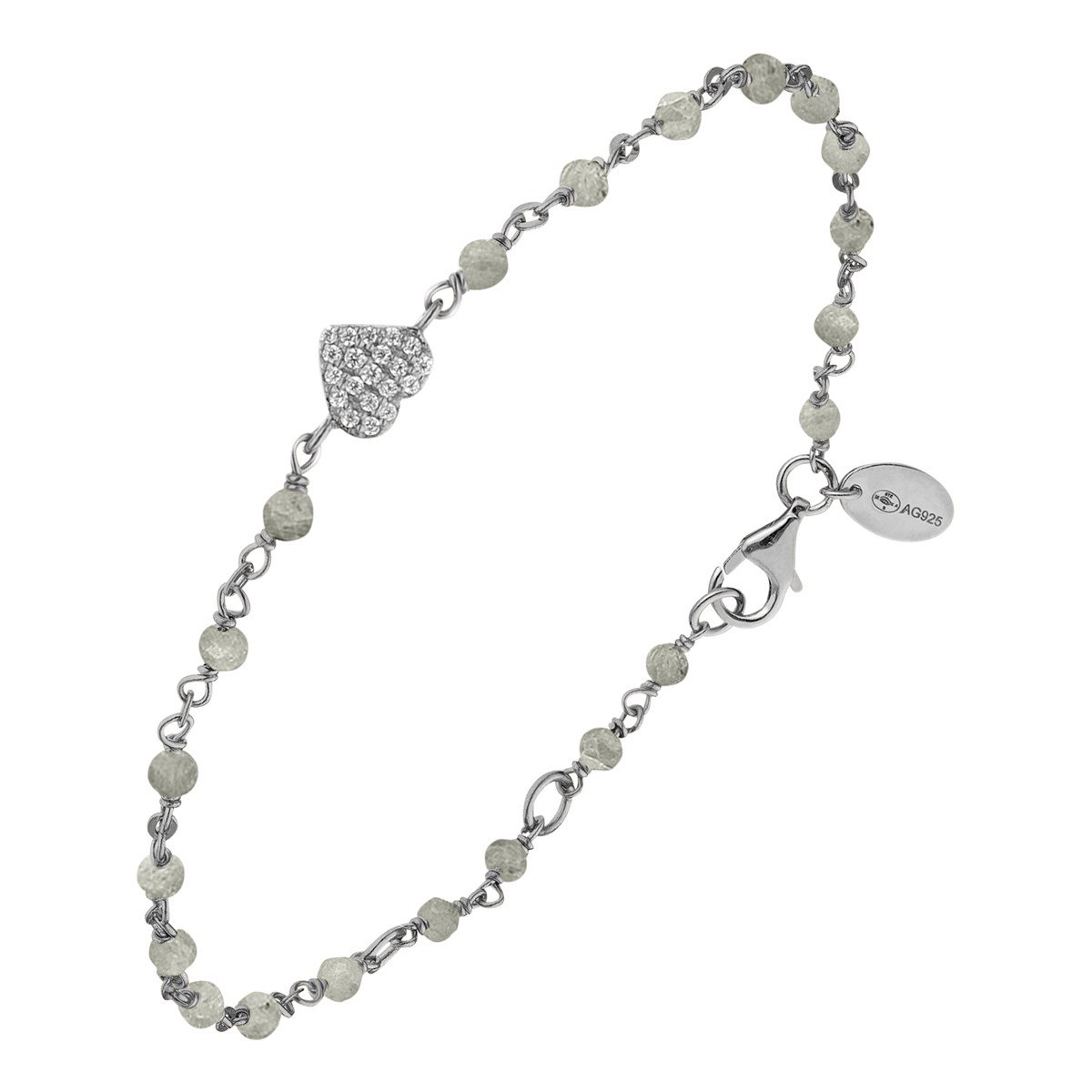 Bracelet Argent Rhodié Coeur Serti Blanc Pierres Labradorite