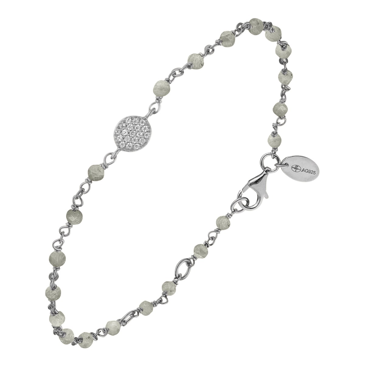 Bracelet Argent Rhodié Médaillon Serti Blanc Et Pierres Labradorite