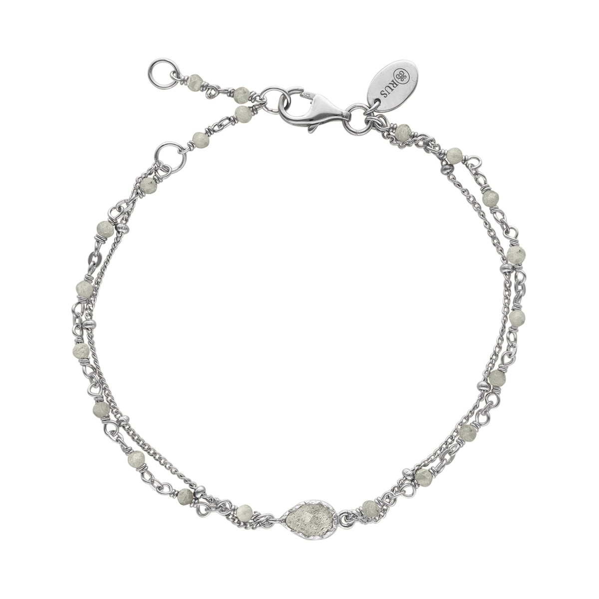 Bracelet Argent Rhodié Double Chaine Goutte Et Pierres Labradorite