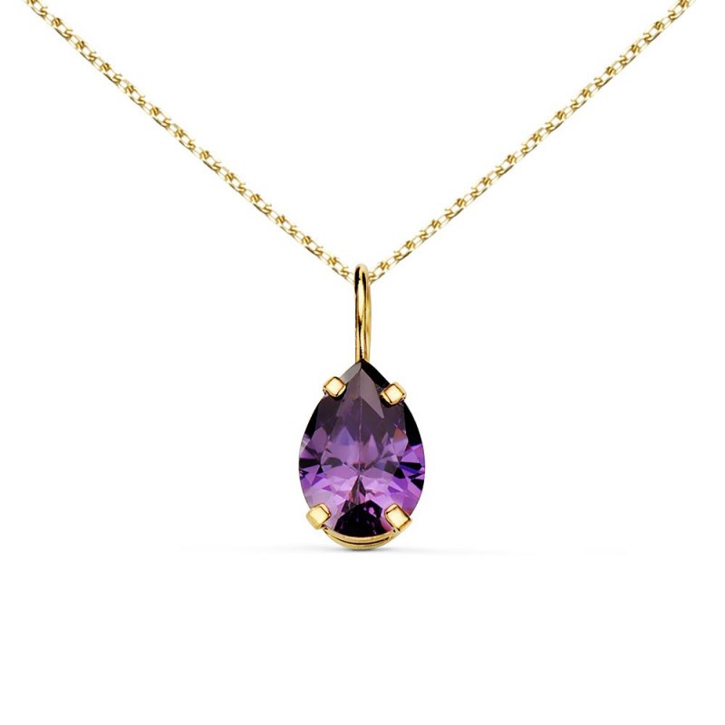 Collier - Pendentif Or Jaune 18 Carats 750/000 - Zirconium Améthyste - Chaine Dorée