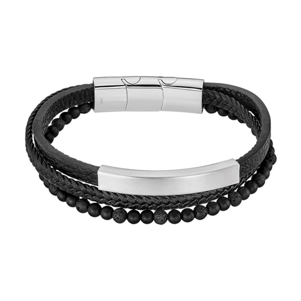 Bracelet Homme Lotus Style multi rang acier et cuir_x000D_
noir