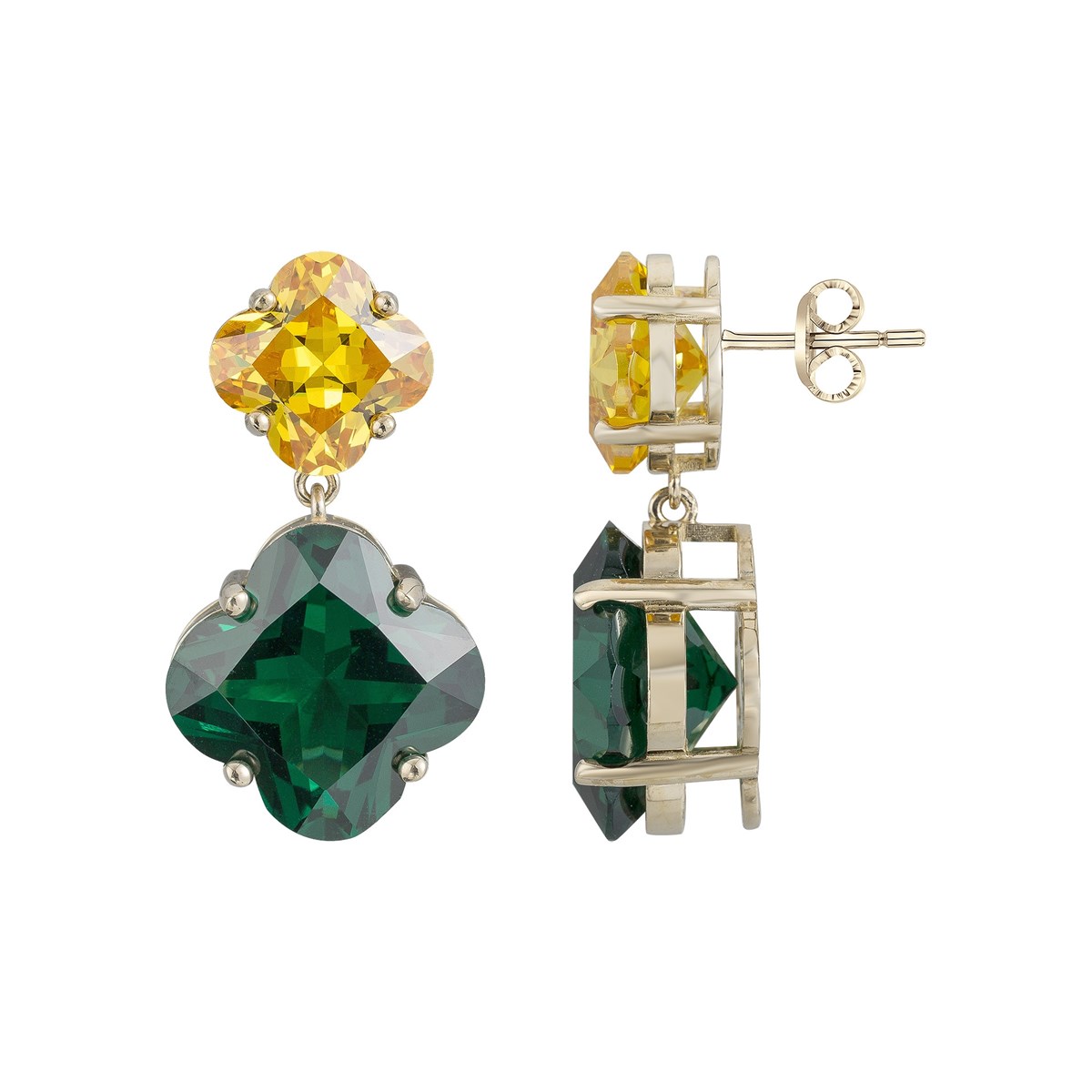 Boucles d'oreilles pendantes en Plaqué Or avec oxyde de zirconium vert et jaune