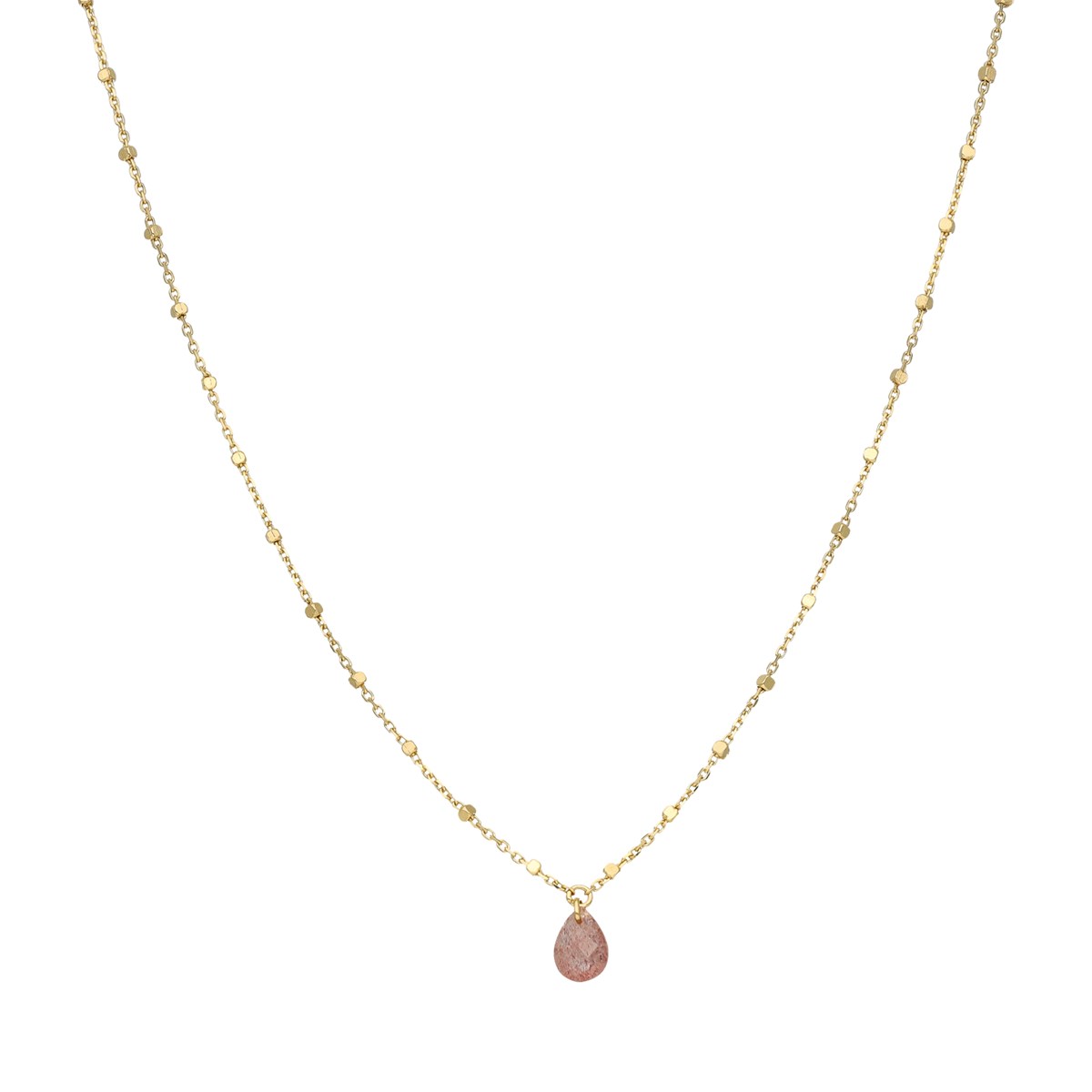 Collier Argent Doré Goutte Pierres Naturelles Quartz Rose Fraise