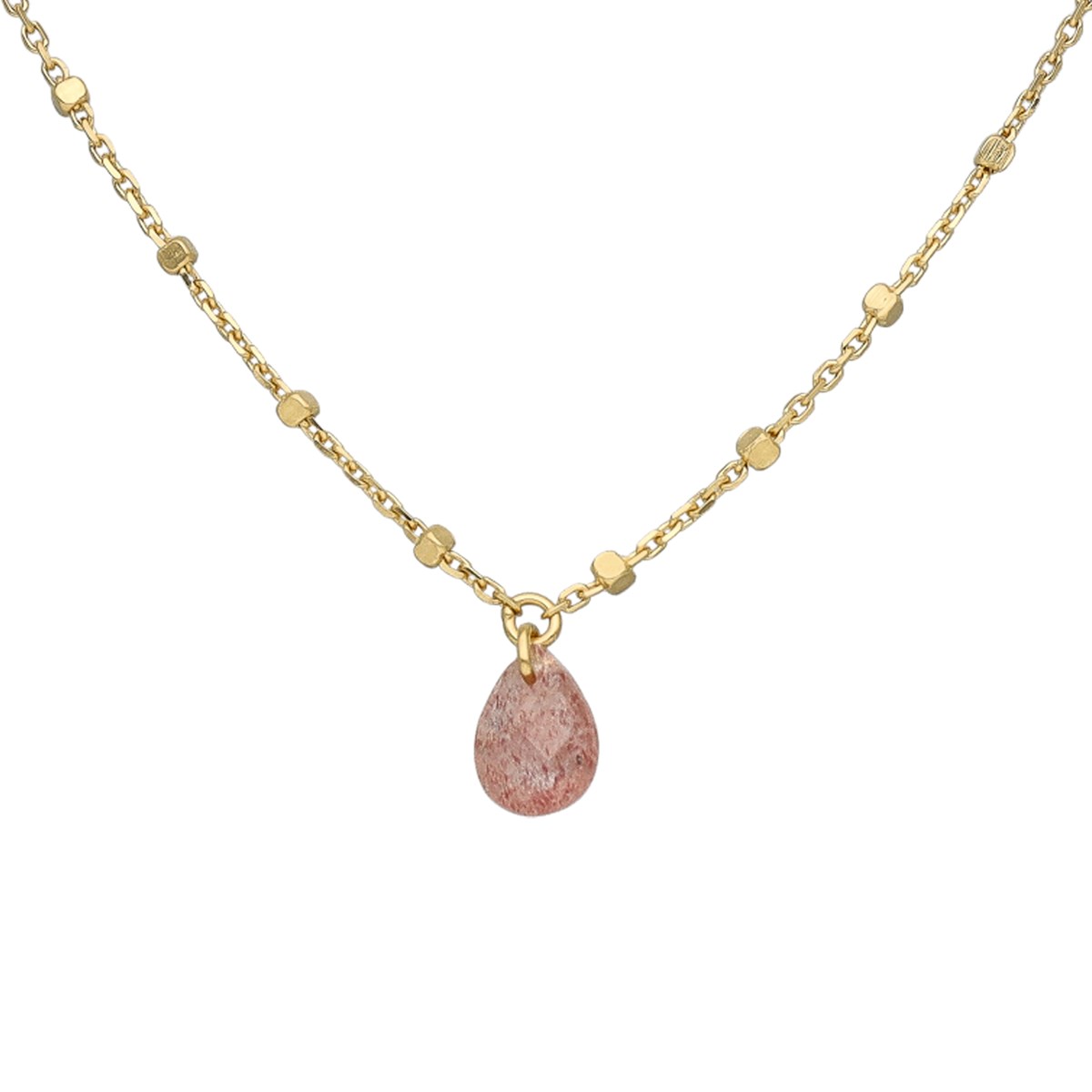 Collier Argent Doré Goutte Pierres Naturelles Quartz Rose Fraise - vue 2