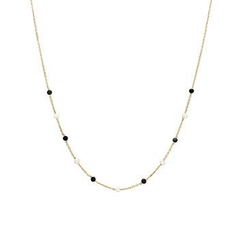 Collier En Argent Doré Pierres Naturelles Spinelles Noire Et Perles Naturelles Blanche