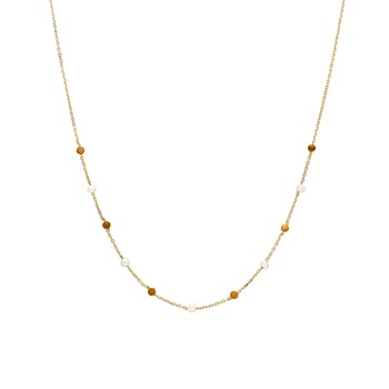 Collier En Argent Doré Pierres Naturelles oeil De Tigre Et Perles Naturelles Blanche