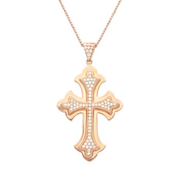 Collier Croix Argent Rose Pendentif Pavée Sertie