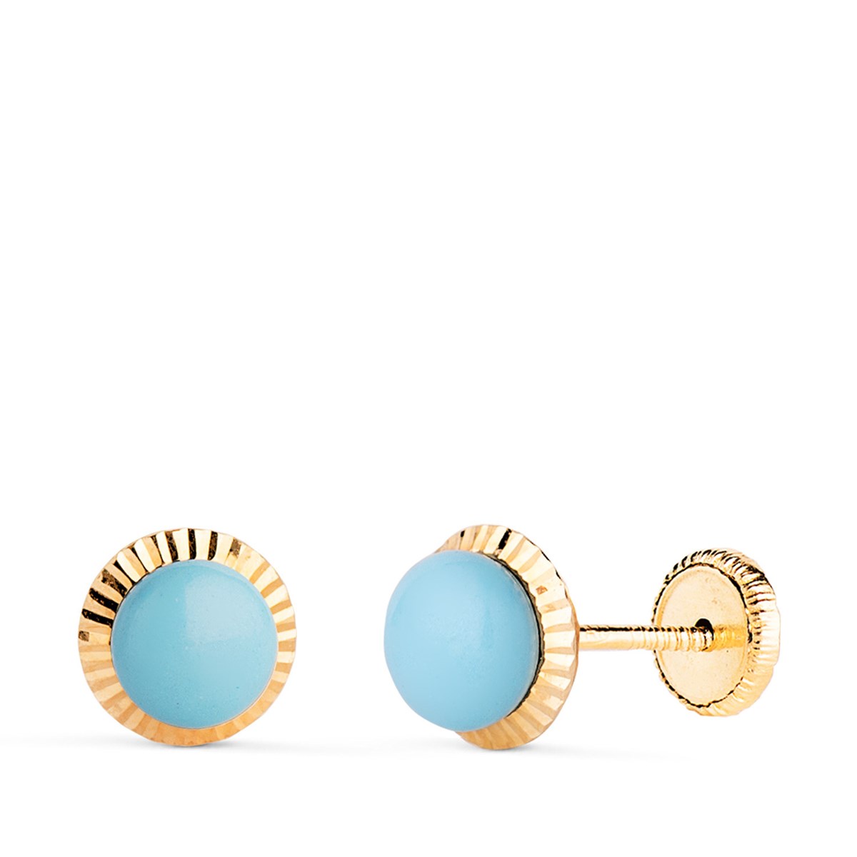 Boucles d'Oreilles Or 18 Carats 750/000 Jaune Bord Sculpté - Turquoise