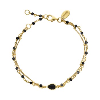 Bracelet Argent Doré Double Chaine Goutte Et  Pierres Spinelles Noire