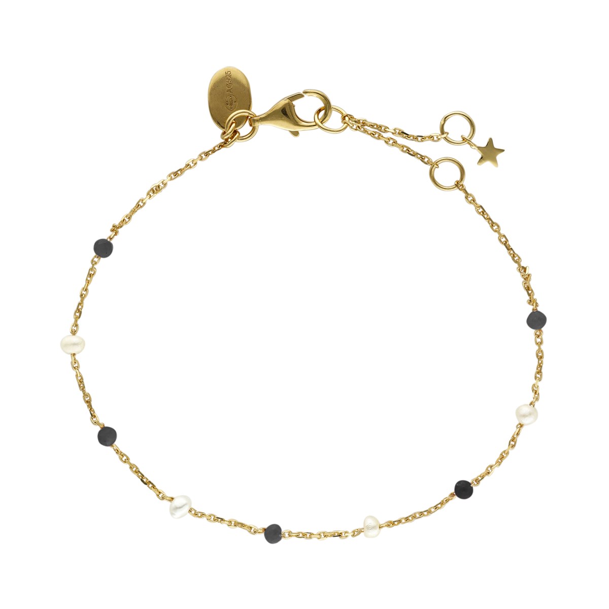 Bracelet En Argent Doré Pierres Naturelles Spinelles Noire Et Perles Naturelles Blanche