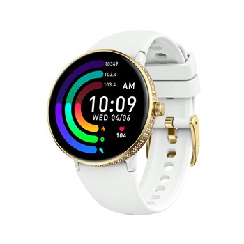 AMOLED DIAMOND - Boitier rond en métal avec côté empierré - Bracelet blanc