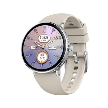 AMOLED DIAMOND - Boitier rond en métal avec côté empierré - Bracelet beige