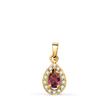 Pendentif Or 18 Carats 750 Jaune Améthyste et Zirconiums - Motif Goutte - Chaine Offerte