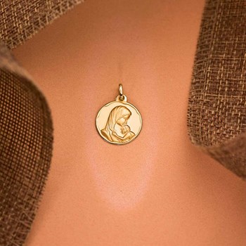 Médaille Or 18 Carats 750 Jaune Vierge à l'Enfant 18mm - Chaîne et Gravure Offertes