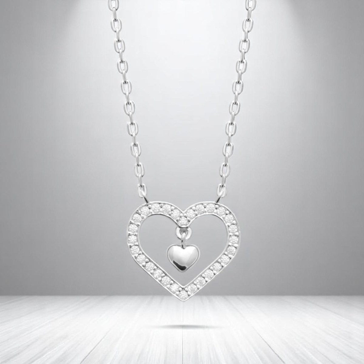 Collier coeur serti d'oxydes de zirconium et coeur pendant Argent 925 Rhodié - vue 4