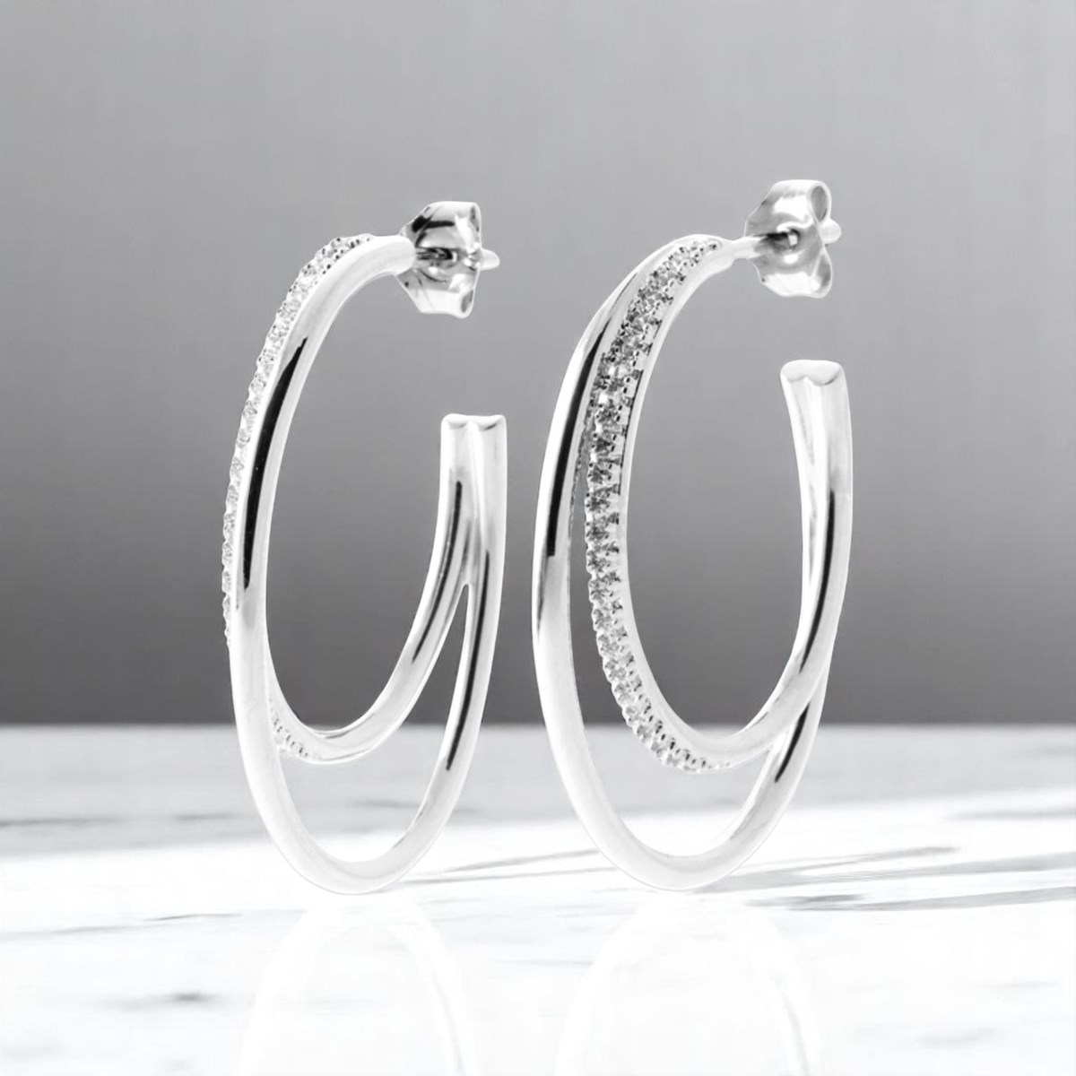 Boucles d'oreilles Créole oxyde de zirconium 2 rangs Argent 925 Rhodié - vue 4