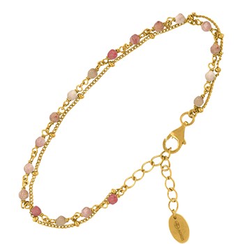 Bracelet En Argent Doré Double Chaine Pierres Naturelles Quartz Rose Fraise