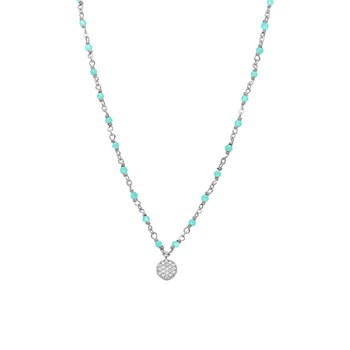 Collier Argent Rhodié Médaillon Serti Blanc Et Pierres Amazonite