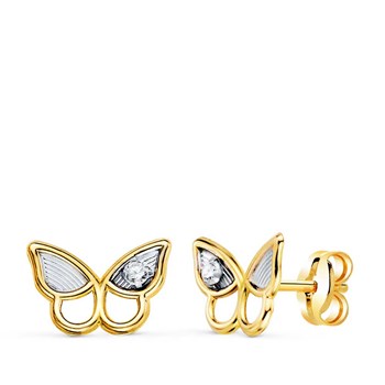 Boucles d'Oreilles Or 18 Carats 750 Bicolore Jaune et Blanc - Zirconium - Motif Papillon