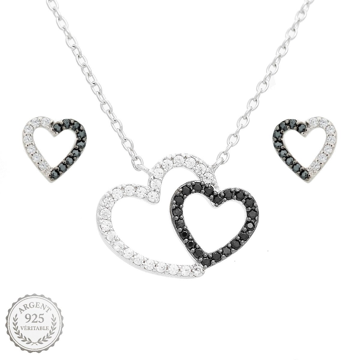 Parure 2 coeurs oxydes de zirconium blancs et noirs Argent 925 Rhodié