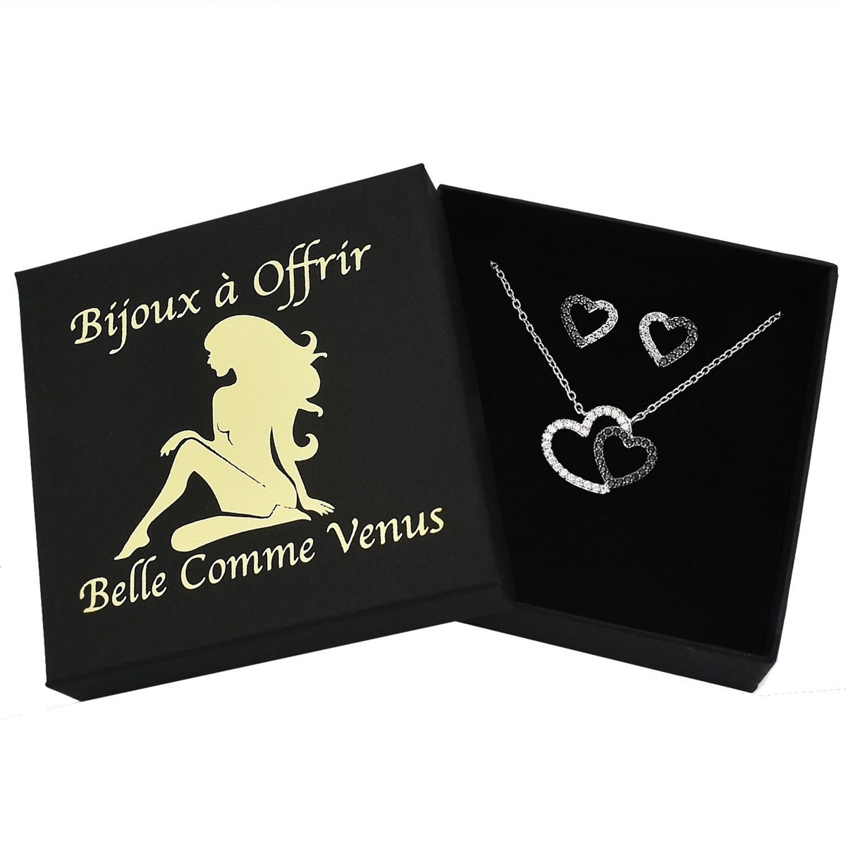 Parure 2 coeurs oxydes de zirconium blancs et noirs Argent 925 Rhodié - vue 4