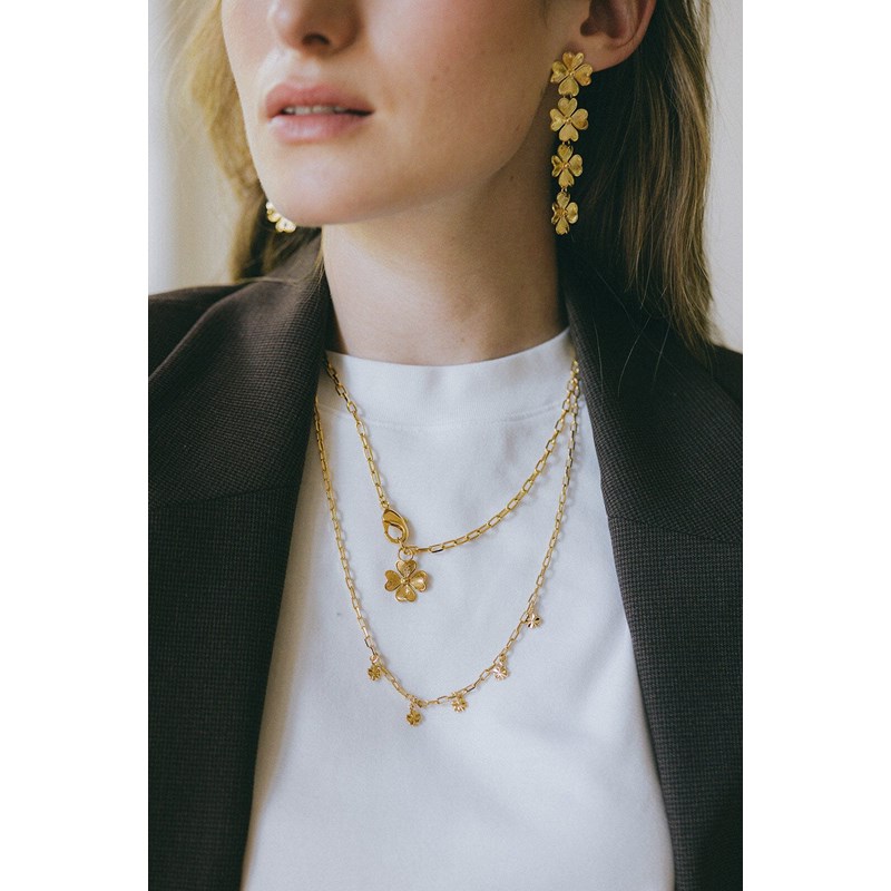 boucles d'oreilles puces pendantes trèfles doré à l'or fin - LÉON - vue 4