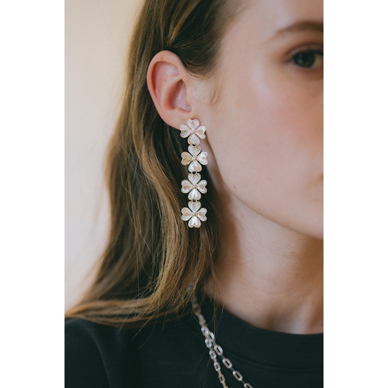 boucles d'oreilles puces pendantes trèfles plaqué argent - LÉON - vue 2