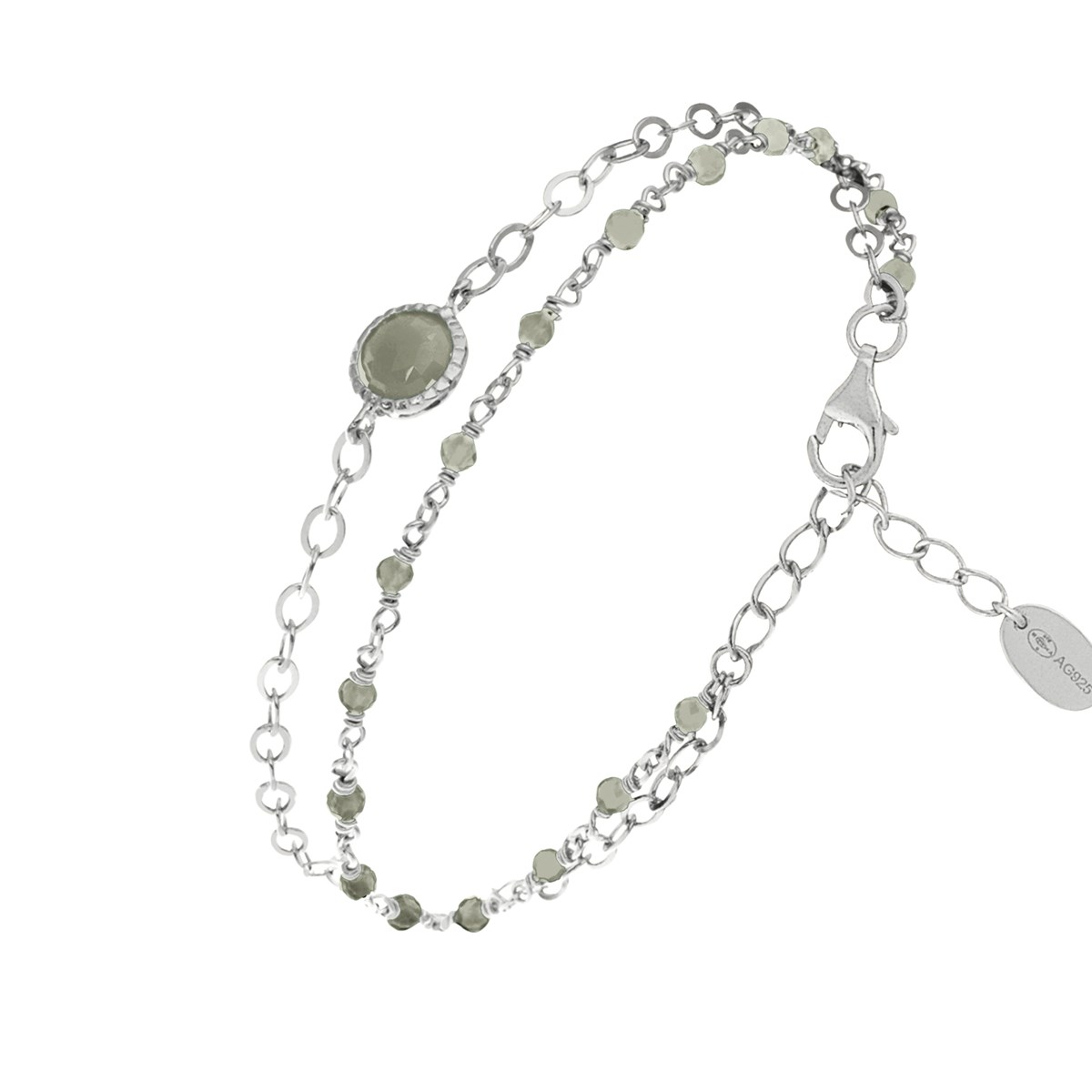 Bracelet En Argent Rhodié Double Chaine Pierres Naturelles Labradorite Médaillon Labradorite