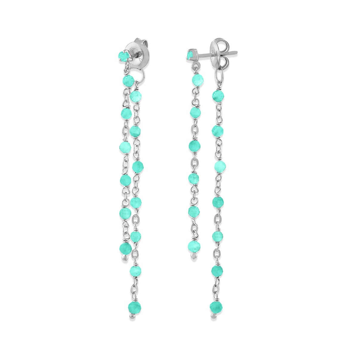 Boucles D'oreilles Argent Rhodié Double Chaine Longue Et Pierres Naturelles Amazonite