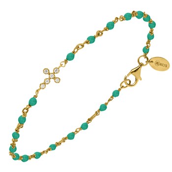 Bracelet Argent Doré Croix Zirconium Blanc Et Pierres Onyx Vert