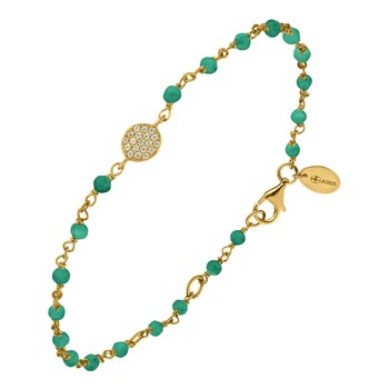 Bracelet Argent Doré Médaillon Serti Blanc Et Pierre Onyx Vert